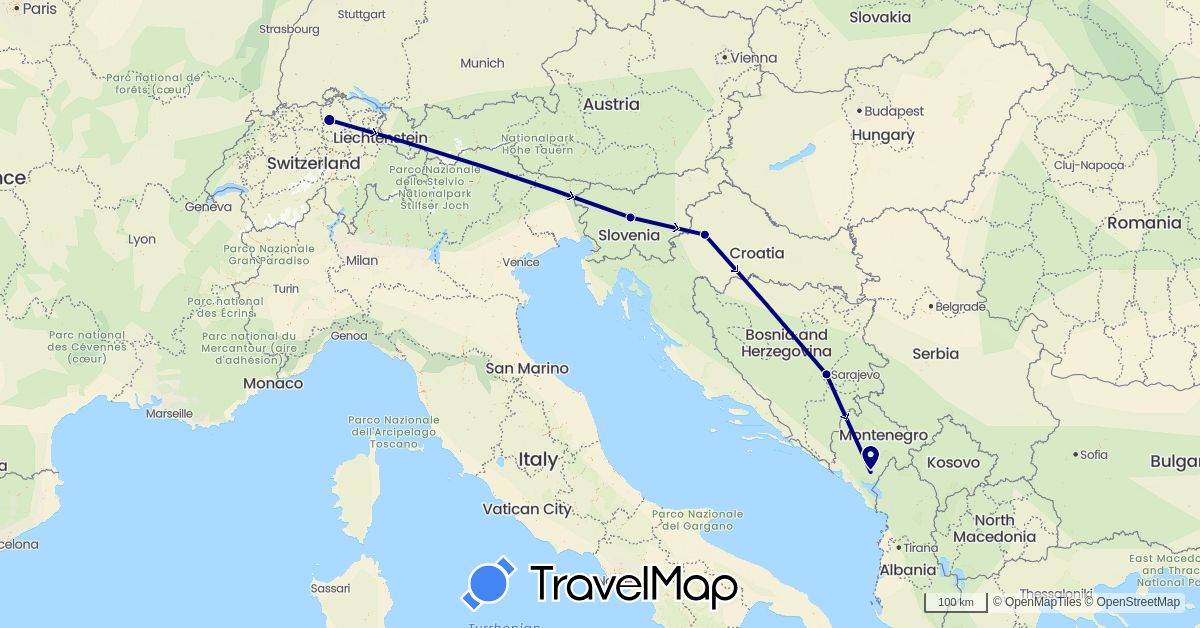 TravelMap itinerary: driving in Bosnia and Herzegovina, Switzerland, Croatia, Montenegro, Slovenia (Europe)